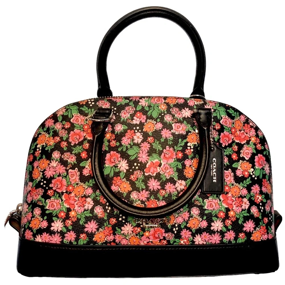 COACH Sierra Posey Cluster Floral Coated Canvas Satchel Bag Black/Pink  Wallet - Picture 9 of 12